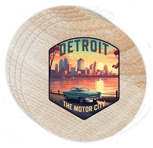 Detroit Michigan Design A Souvenir Coaster Wooden 3.5 x 3.5-Inch 4 Pack 