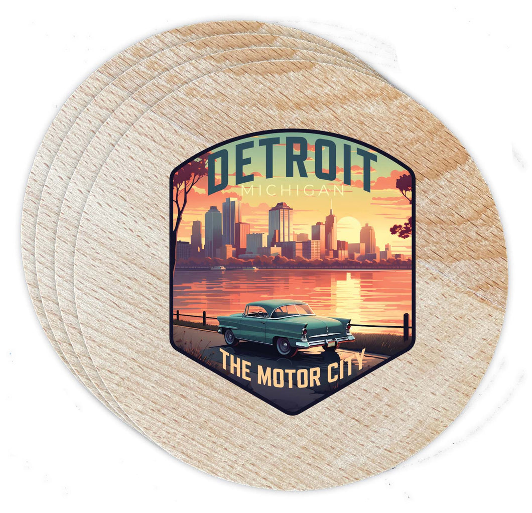 Detroit Michigan Design A Souvenir Coaster Wooden 3.5 x 3.5-Inch 4 Pack 