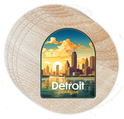 Detroit Michigan Design B Souvenir Coaster Wooden 3.5 x 3.5-Inch 4 Pack 