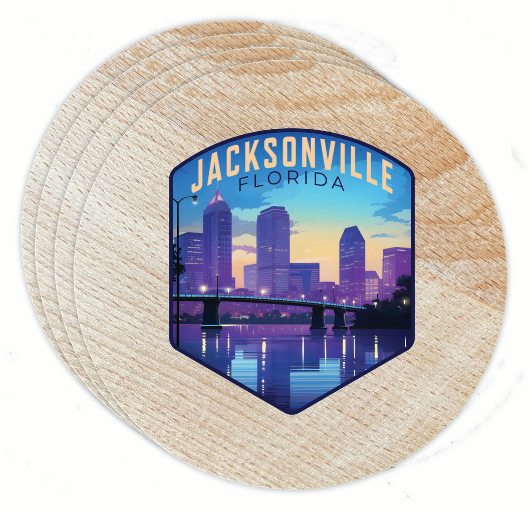 Jacksonville Florida Evening Cityscape Design Souvenir Coaster Wooden 3.5 x 3.5-Inch 4 Pack 