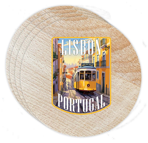 Lisbon Portugal Design A Souvenir Coaster Wooden 3.5 x 3.5-Inch 4 Pack