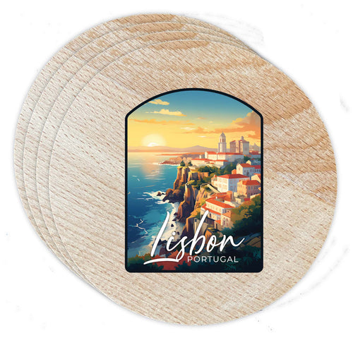 Lisbon Portugal Design B Souvenir Coaster Wooden 3.5 x 3.5-Inch 4 Pack