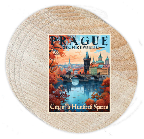 Prague Czech Republic Design A Souvenir Coaster Wooden 3.5 x 3.5-Inch 4 Pack 