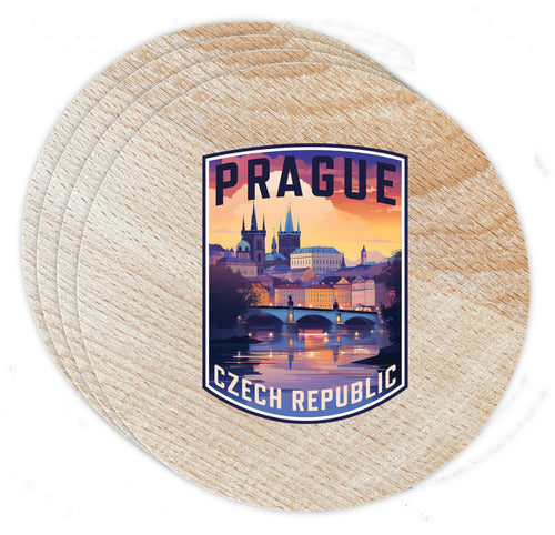 Prague Czech Republic Design B Souvenir Coaster Wooden 3.5 x 3.5-Inch 4 Pack 