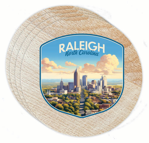 Raleigh North Carolina Daytime Cityscape Design Souvenir Coaster Wooden 3.5 x 3.5-Inch 4 Pack 