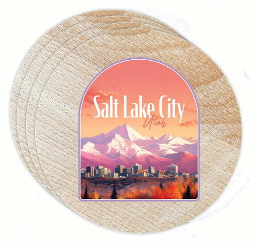 Salt Lake City Utah Design C Souvenir Coaster Wooden 3.5 x 3.5-Inch 4 Pack 