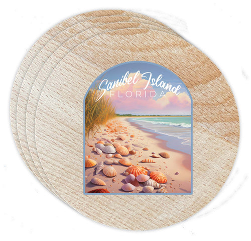 Sanibel Island Florida Design B Souvenir Coaster Wooden 3.5 x 3.5-Inch 4 Pack 