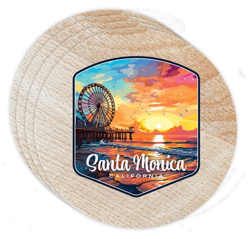 Santa Monica California Design A Souvenir Coaster Wooden 3.5 x 3.5-Inch 4 Pack 