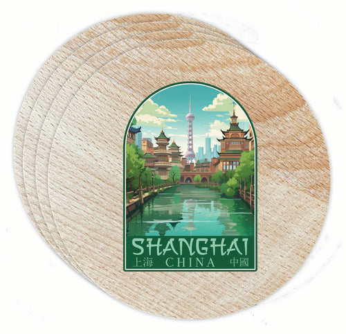 Shanghai China Old Town Design Souvenir Coaster Wooden 3.5 x 3.5-Inch 4 Pack 