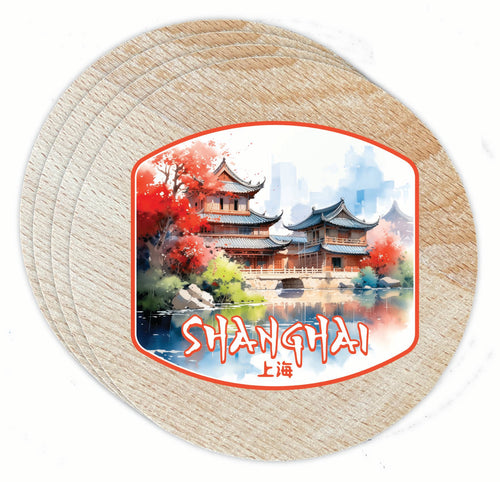 Shanghai China Watercolor Templates Design Souvenir Coaster Wooden 3.5 x 3.5-Inch 4 Pack 