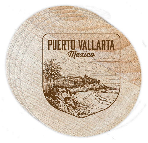 Puerto Vallarta Mexico Souvenir Etched Coaster Wooden 3.5 x 3.5-Inch 4 Pack 