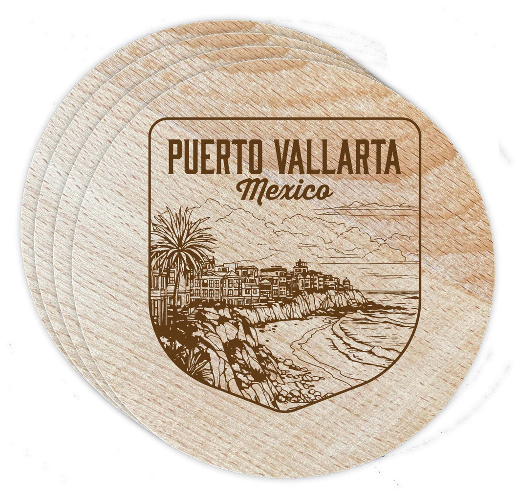 Puerto Vallarta Mexico Souvenir Etched Coaster Wooden 3.5 x 3.5-Inch 4 Pack 