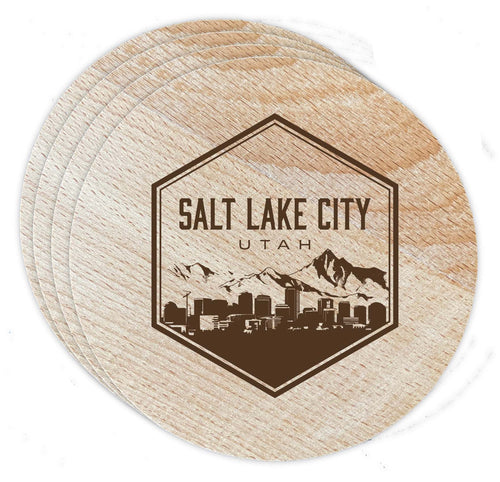 Salt Lake City Utah Souvenir Etched Coaster Wooden 3.5 x 3.5-Inch 4 Pack 