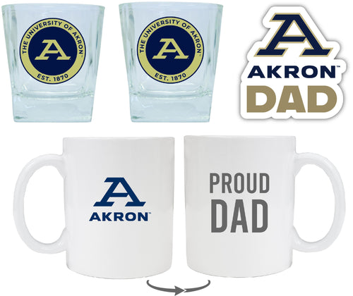 Akron Zips Collegiate Dad Gift Set - Proud Dad Decal, Coffee Mug & Whiskey Glasses 
