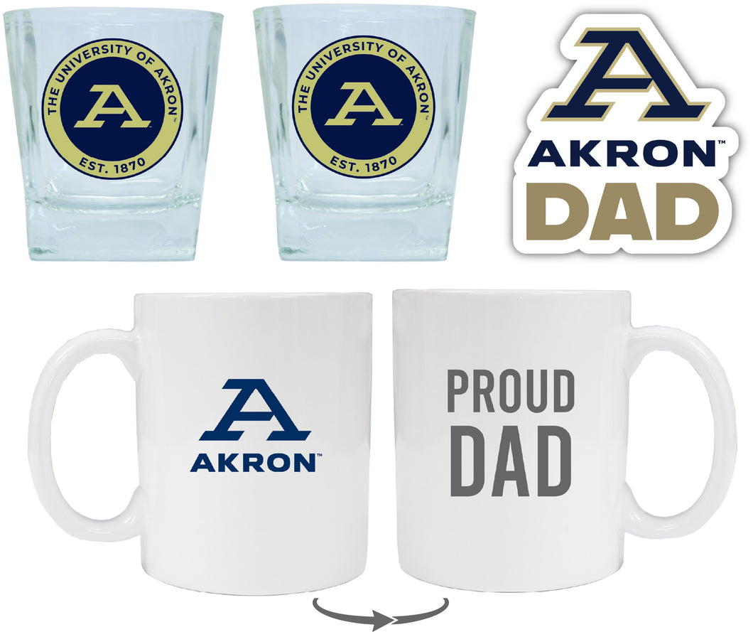Akron Zips Collegiate Dad Gift Set - Proud Dad Decal, Coffee Mug & Whiskey Glasses 