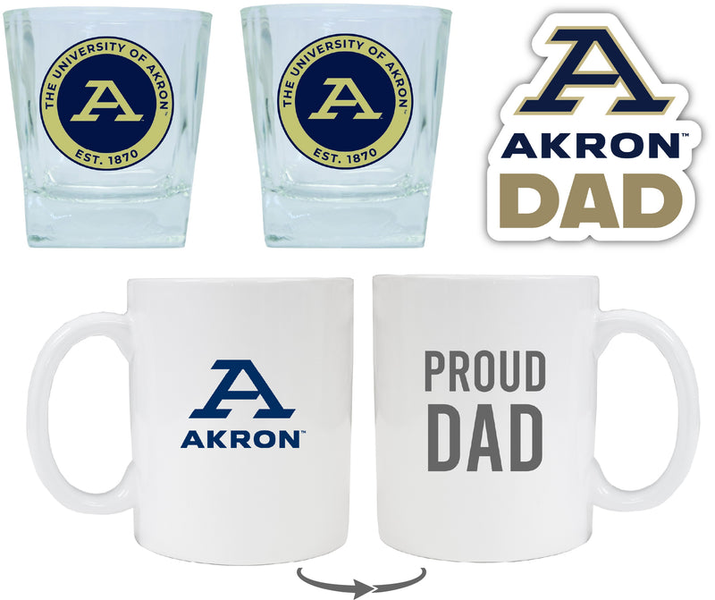 Akron Zips Collegiate Dad Gift Set - Proud Dad Decal, Coffee Mug & Whiskey Glasses 