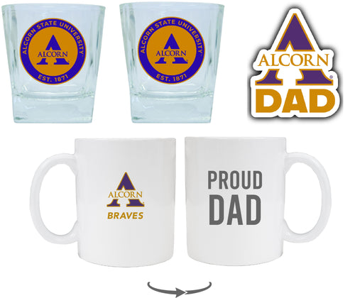Alcorn State Braves Collegiate Dad Gift Set - Proud Dad Decal, Coffee Mug & Whiskey Glasses 