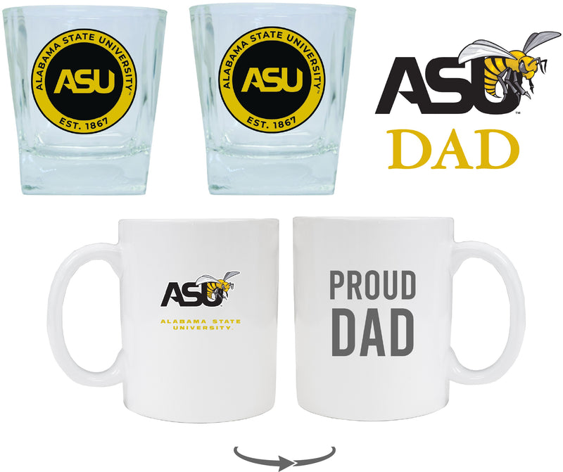 Alabama State University Collegiate Dad Gift Set - Proud Dad Decal, Coffee Mug & Whiskey Glasses 