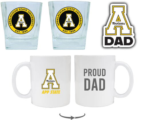 Appalachian State Collegiate Dad Gift Set - Proud Dad Decal, Coffee Mug & Whiskey Glasses 
