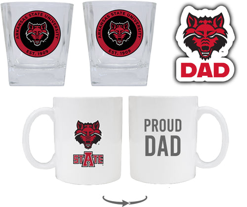 Arkansas State Collegiate Dad Gift Set - Proud Dad Decal, Coffee Mug & Whiskey Glasses 
