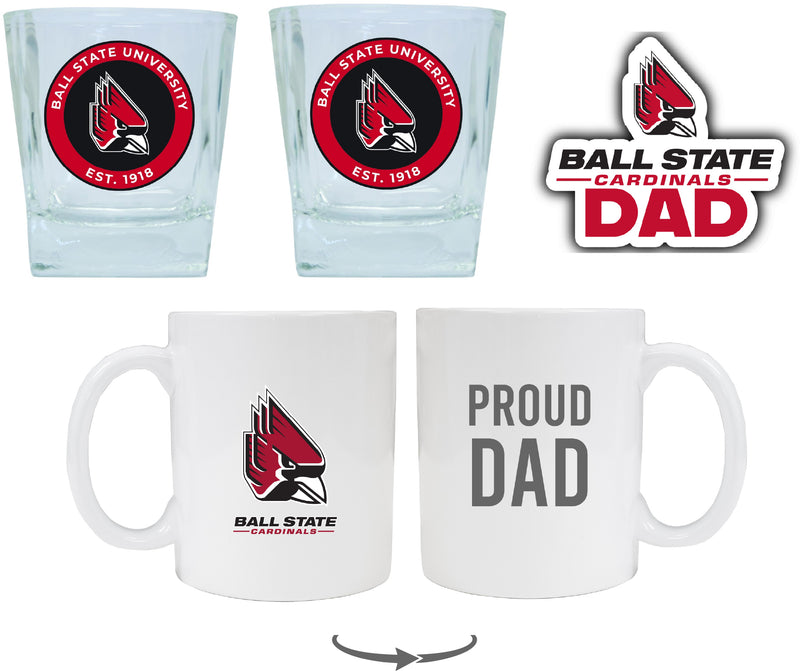 Ball State University Collegiate Dad Gift Set - Proud Dad Decal, Coffee Mug & Whiskey Glasses 