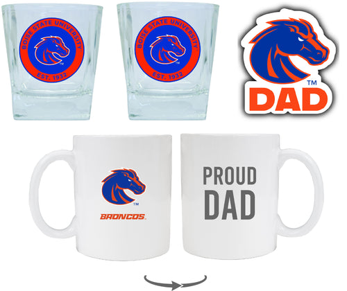 Boise S Broncos Collegiate Dad Gift Set - Proud Dad Decal, Coffee Mug & Whiskey Glasses 