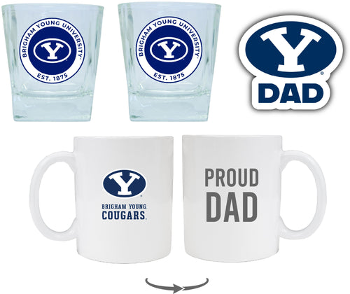 Brigham Young Cougars Collegiate Dad Gift Set - Proud Dad Decal, Coffee Mug & Whiskey Glasses 