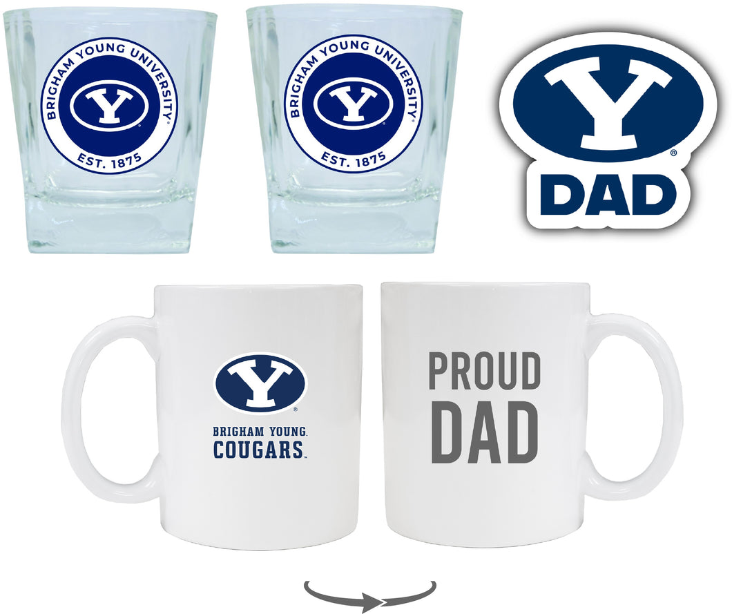 Brigham Young Cougars Collegiate Dad Gift Set - Proud Dad Decal, Coffee Mug & Whiskey Glasses 