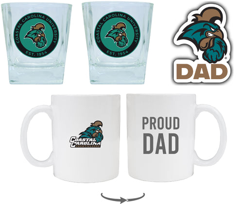 Coastal Carolina University Collegiate Dad Gift Set - Proud Dad Decal, Coffee Mug & Whiskey Glasses 