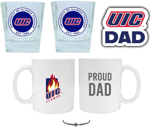 University of Illinois at Chicago Collegiate Dad Gift Set - Proud Dad Decal, Coffee Mug & Whiskey Glasses 