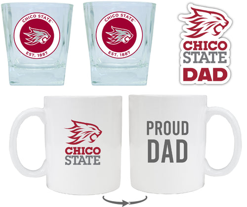 California State University, Chico Collegiate Dad Gift Set - Proud Dad Decal, Coffee Mug & Whiskey Glasses 