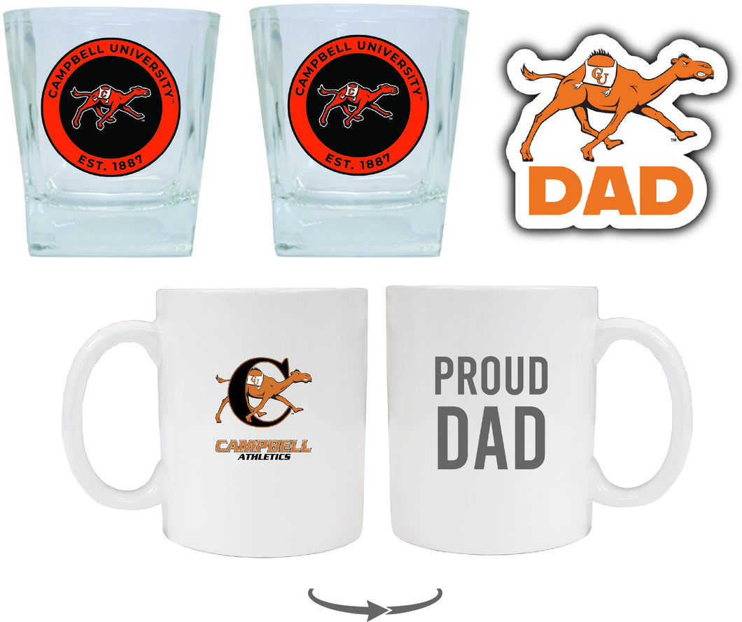 Campbell University Fighting Camels Collegiate Dad Gift Set - Proud Dad Decal, Coffee Mug & Whiskey Glasses 