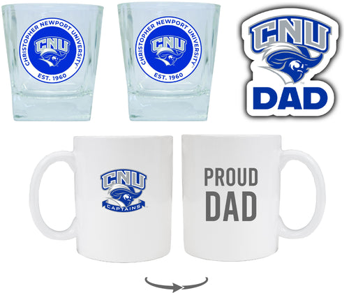 Christopher Newport Captains Collegiate Dad Gift Set - Proud Dad Decal, Coffee Mug & Whiskey Glasses 