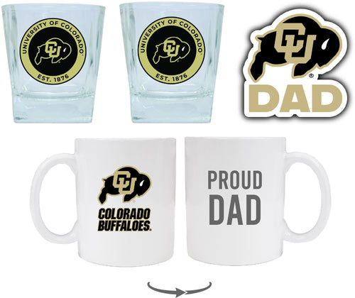 Colorado Buffaloes Collegiate Dad Gift Set - Proud Dad Decal, Coffee Mug & Whiskey Glasses 