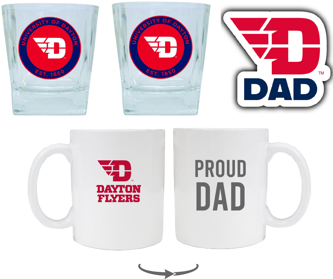 Dayton Flyers Collegiate Dad Gift Set - Proud Dad Decal, Coffee Mug & Whiskey Glasses 
