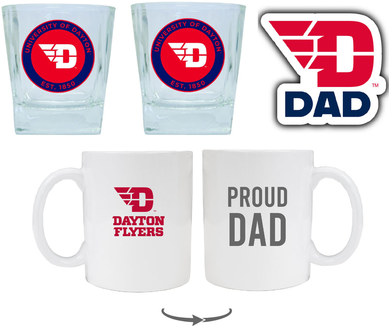 Dayton Flyers Collegiate Dad Gift Set - Proud Dad Decal, Coffee Mug & Whiskey Glasses 
