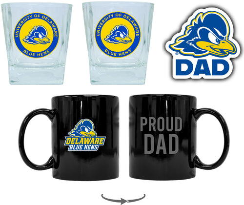 Delaware Blue Hens Collegiate Dad Gift Set - Proud Dad Decal, Coffee Mug & Whiskey Glasses 