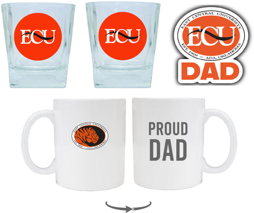 East Central University Tigers Collegiate Dad Gift Set - Proud Dad Decal, Coffee Mug & Whiskey Glasses 