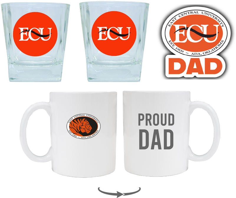 East Central University Tigers Collegiate Dad Gift Set - Proud Dad Decal, Coffee Mug & Whiskey Glasses 