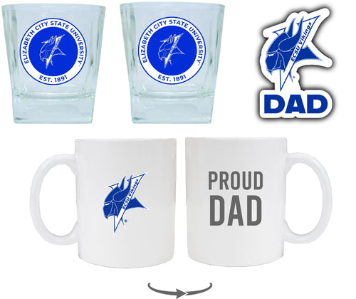 Elizabeth City State University Collegiate Dad Gift Set - Proud Dad Decal, Coffee Mug & Whiskey Glasses 