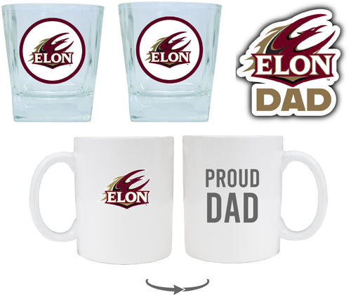 Elon University Collegiate Dad Gift Set - Proud Dad Decal, Coffee Mug & Whiskey Glasses 