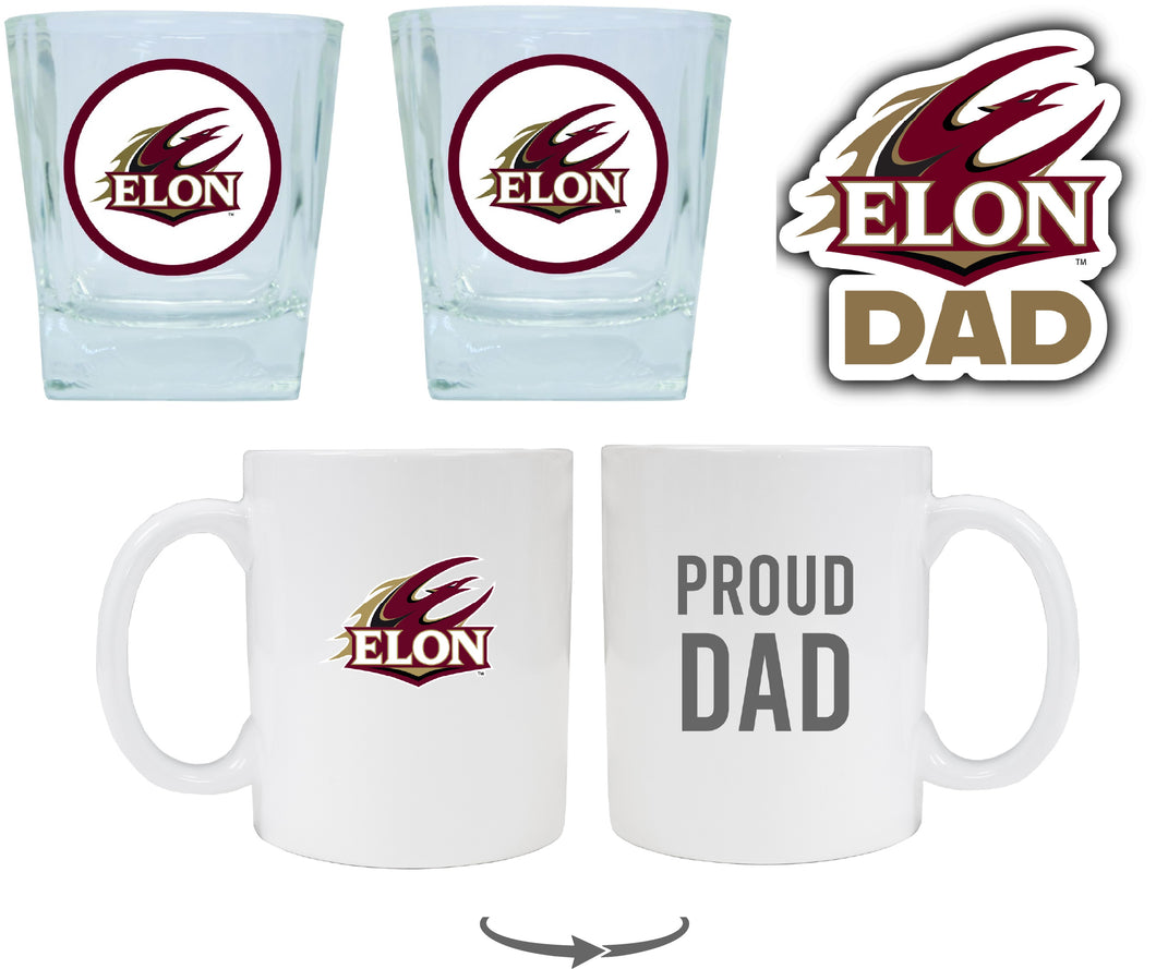 Elon University Collegiate Dad Gift Set - Proud Dad Decal, Coffee Mug & Whiskey Glasses 