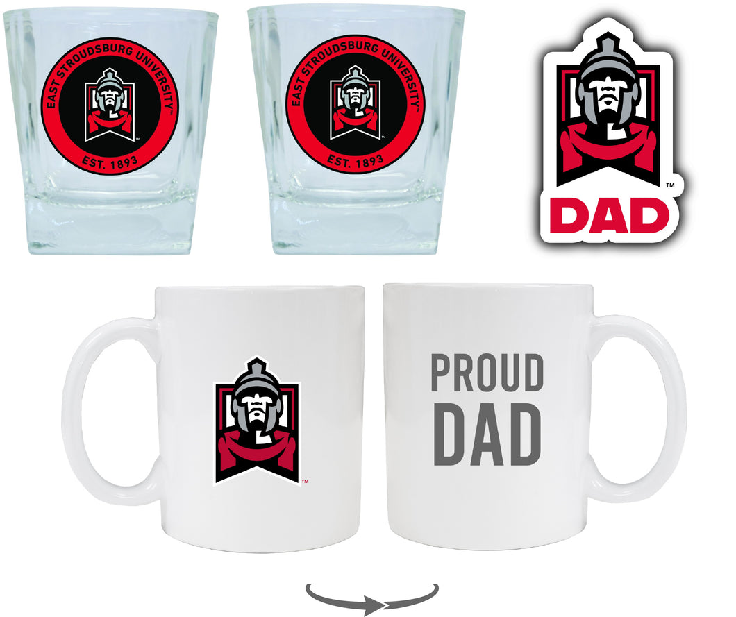 East Stroudsburg University Collegiate Dad Gift Set - Proud Dad Decal, Coffee Mug & Whiskey Glasses 