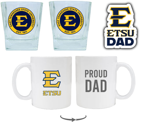 East Tennessee State University Collegiate Dad Gift Set - Proud Dad Decal, Coffee Mug & Whiskey Glasses 