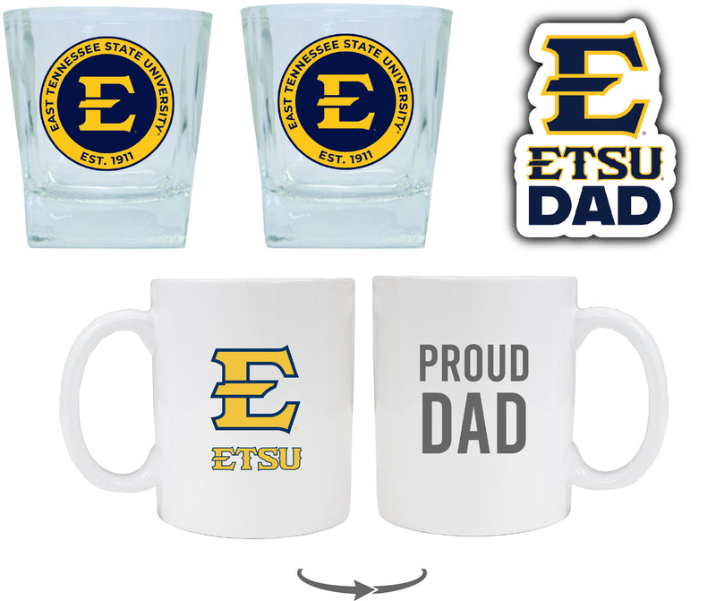 East Tennessee State University Collegiate Dad Gift Set - Proud Dad Decal, Coffee Mug & Whiskey Glasses 