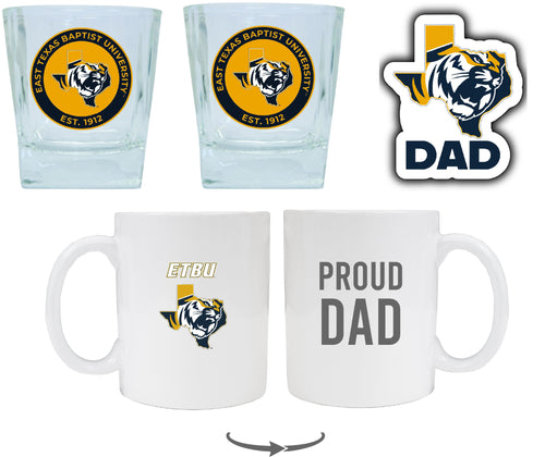 East Texas Baptist University Collegiate Dad Gift Set - Proud Dad Decal, Coffee Mug & Whiskey Glasses 