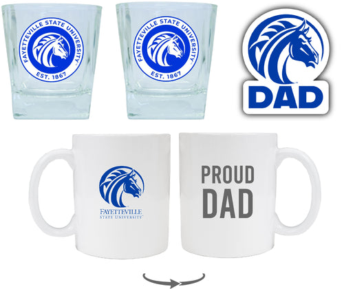Fayetteville State University Collegiate Dad Gift Set - Proud Dad Decal, Coffee Mug & Whiskey Glasses 