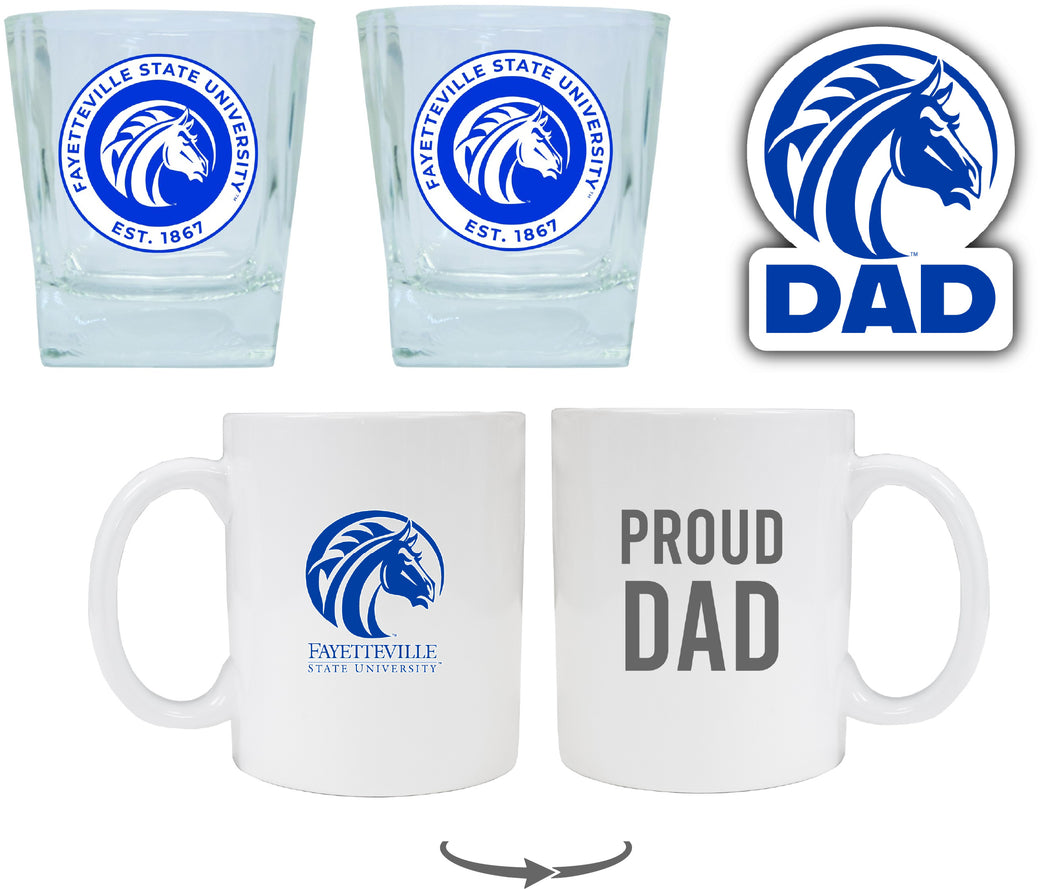 Fayetteville State University Collegiate Dad Gift Set - Proud Dad Decal, Coffee Mug & Whiskey Glasses 