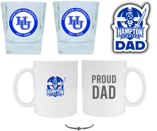 Hampton University Collegiate Dad Gift Set - Proud Dad Decal, Coffee Mug & Whiskey Glasses 