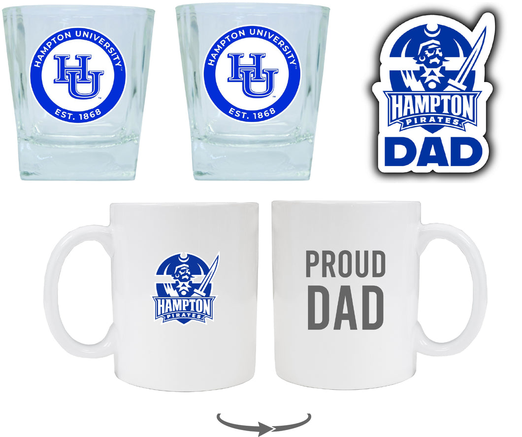 Hampton University Collegiate Dad Gift Set - Proud Dad Decal, Coffee Mug & Whiskey Glasses 
